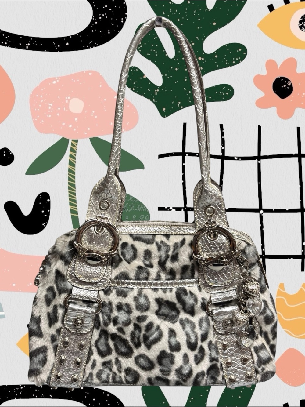 Kathy Van Zeeland | Vintage Y2K Faux Fur Snow Leopard Print Metallic Purse